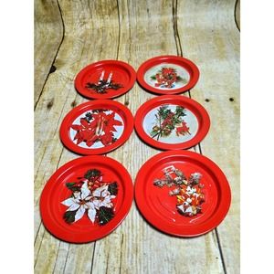 Vtg Christmas Metal Coaster Set of 6 Raindeer Holly Pionsettia (cb5)
